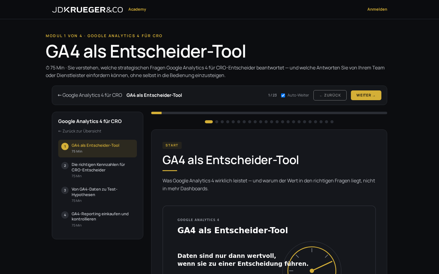 Echte Academy-Oberfläche: Modul GA4 als Entscheider-Tool